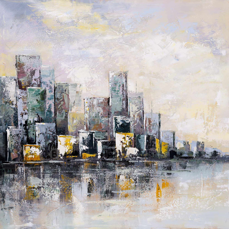 Toile abstraite avec paysage urbain matin | Bâtir des villes - bleu