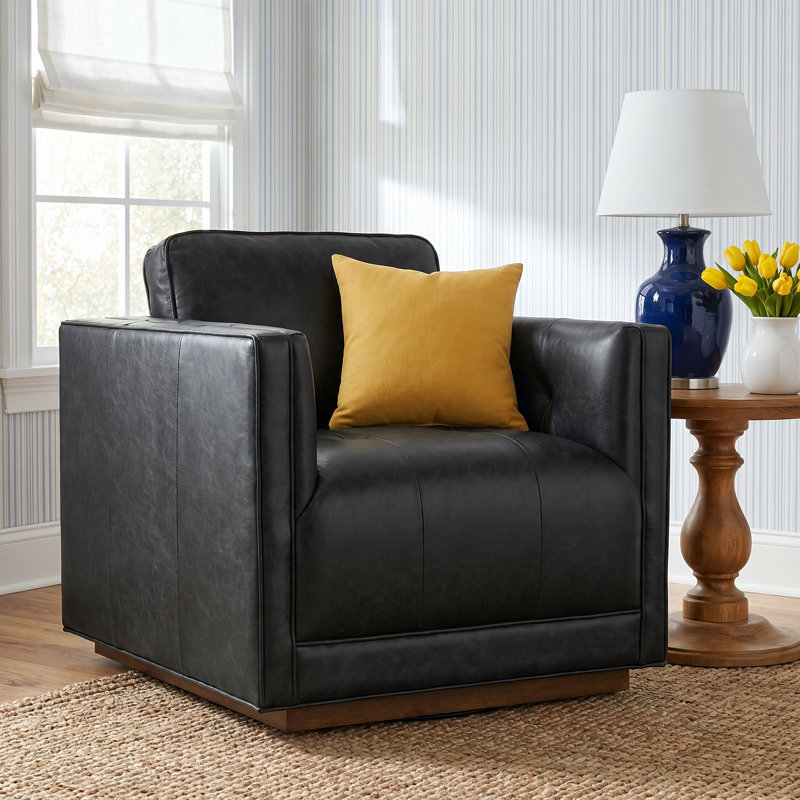 Calabrese Upholstered Swivel Accent Chair, Sonoma Black Genuine Leather