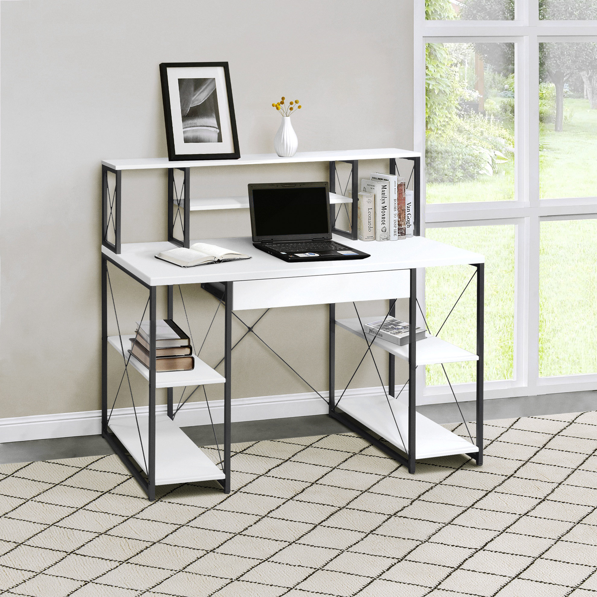 17 Stories White And Black Office Desk With Open Shelves And Hutch 17-stories-white-and-black-office-desk-with-open-shelves-and-hutch
