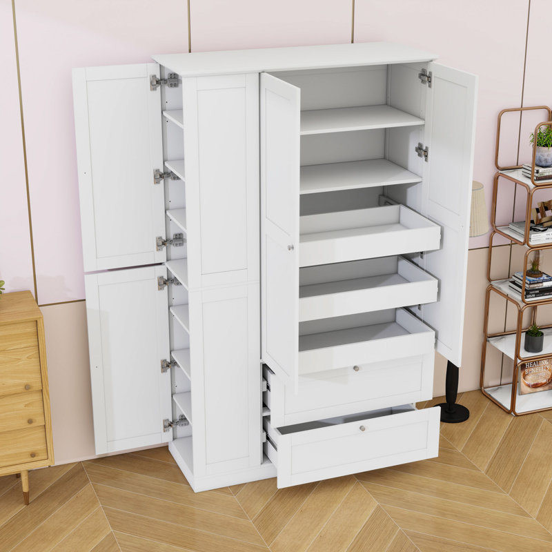 Armoire de cuisine en bois avec armoires latérales, plateaux coulissants et tiroirs, Blanc