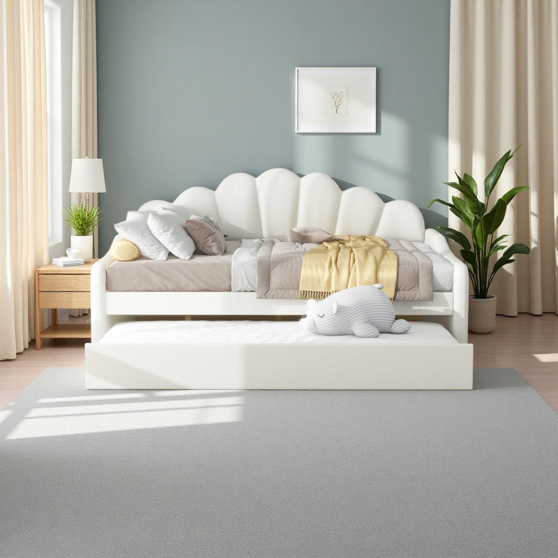 Full Size Upholstery Daybed Frame With Shall Shaped Backrest And Trundle, Beige