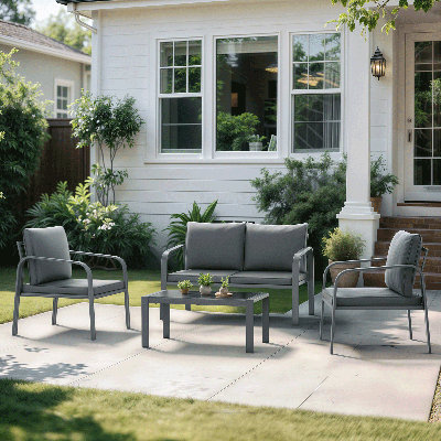 Outdoor Patio Furniture Set, 4 Piece Conversation Set with Chair, Coffee Table, Loveseat and Cushion by Latitude Run