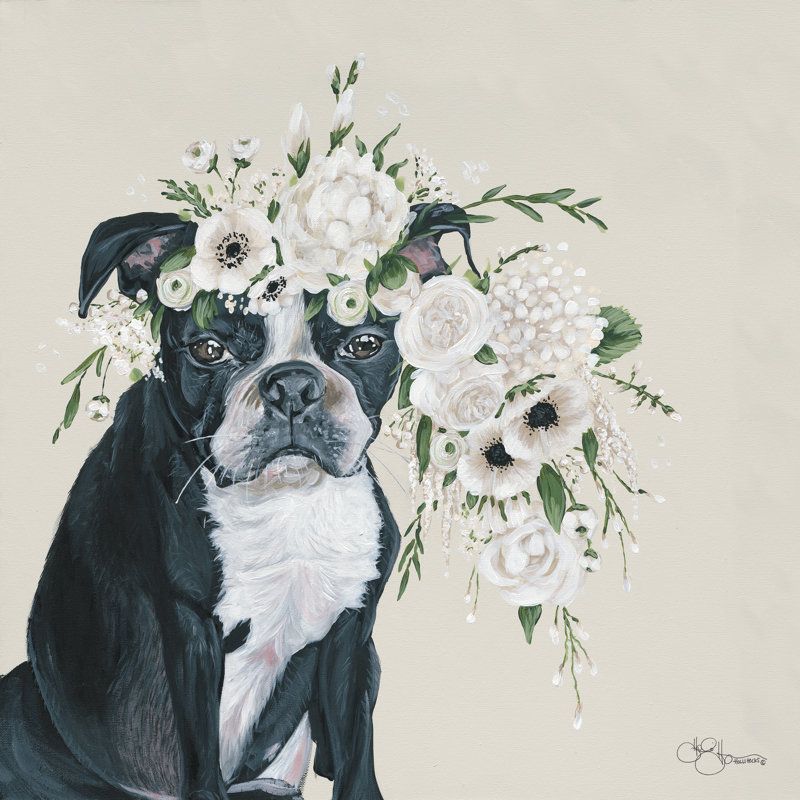 " Dog And Flower ", 30" H x 30" W, Yes, Walnut Single Picture Framed