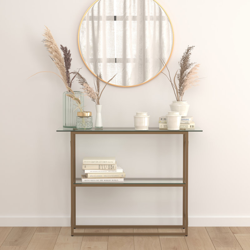 Heins Glass Console Table with Criss Cross Matte Gold Frame - Occasional Table