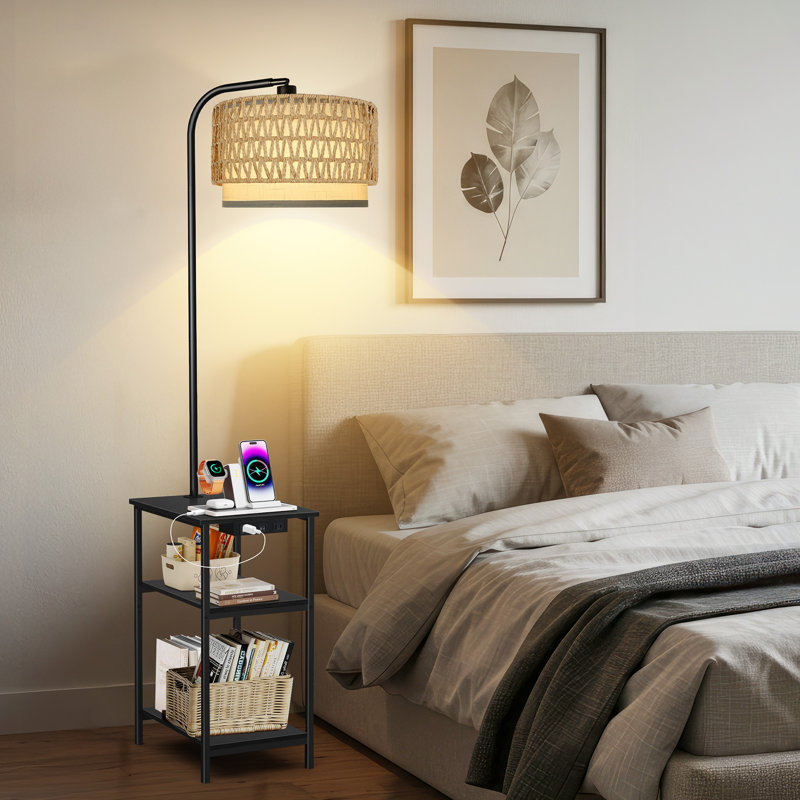 Floor Lamp With End Table And Remote Control Wicker Double Lampshade, Black