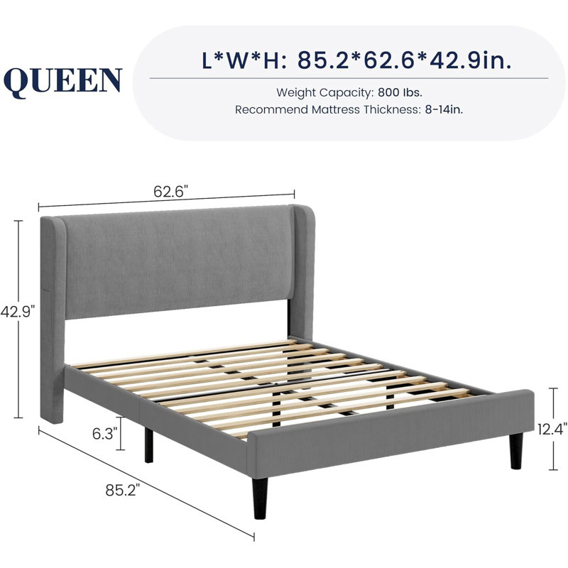 Platform Bed Frame With Upholstered Wingback Headboard, No Box Spring Needed, Queen, Grey