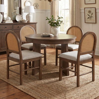 5-Piece Round Dining Table Set for 4, Retro Extendable Dining Table Set with 4 Upholstered Chairs, Kitchen Table and Chairs Set for Dining Room and Ki