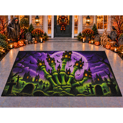 Tapis d'extérieur 152 x 213 cm (5 pi x 7 pi) motif de château de doigts d'Halloween, épais, imperméable, en PVC bouclé, résistant, séchage rapide, idéal pour terrasse, balcon ou entrée.