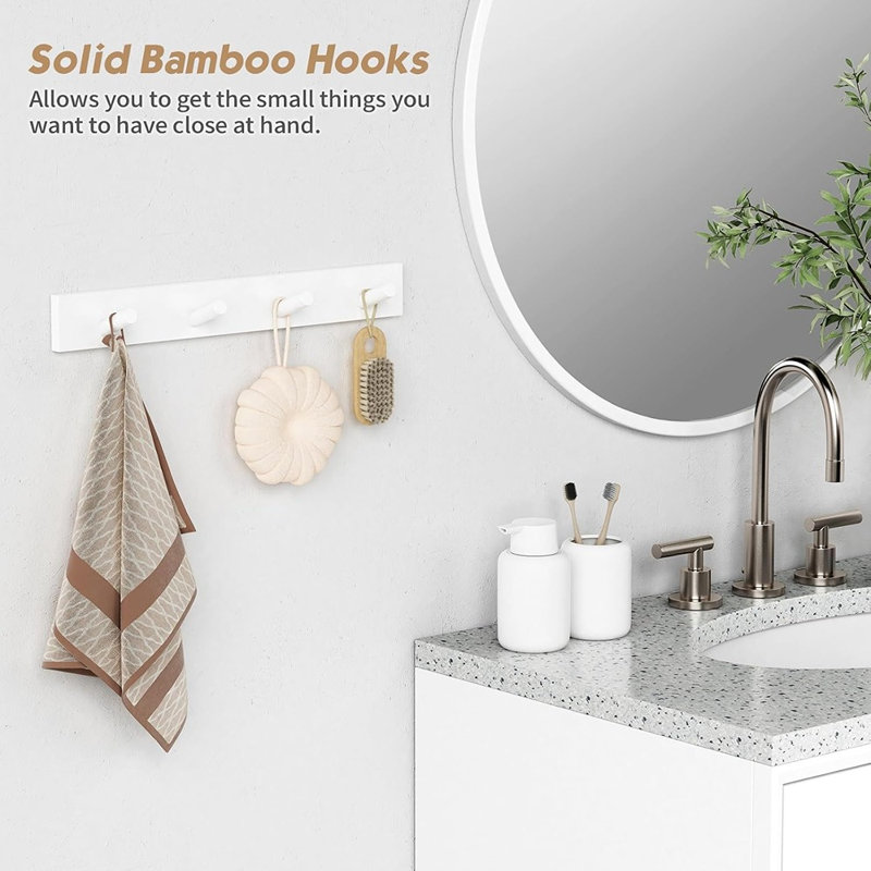 Porte-manteau mural en bois blanc, crochets robustes pour manteaux, chapeaux, sacs et vestes