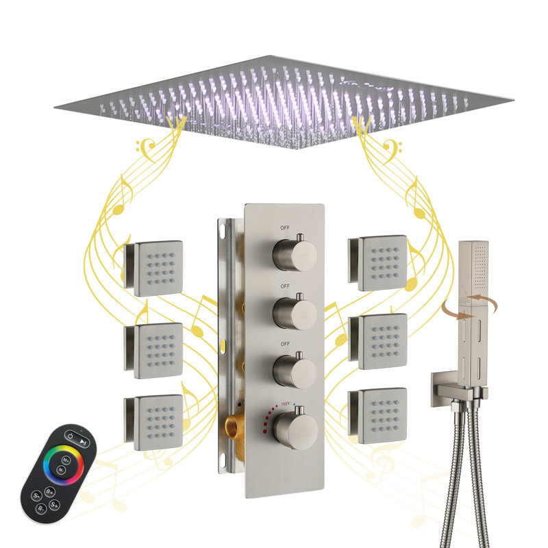 Brushed Nickel Square LED Rain Shower System with Handheld and Bluetooth Speaker