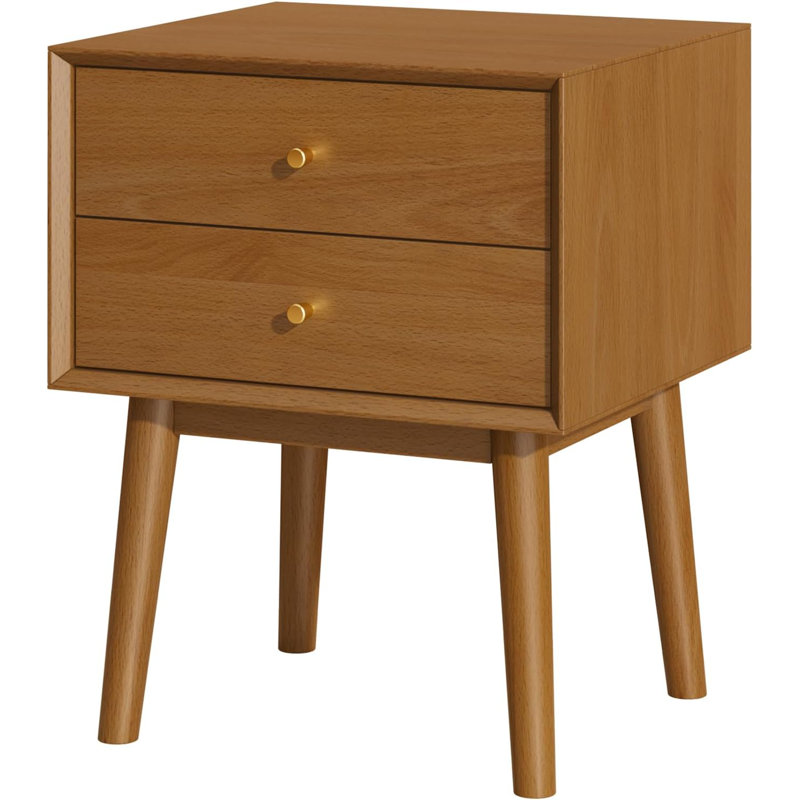 Table de chevet moderne Mid-Century avec 2 tiroirs, table de bout en bois massif, quincaillerie laiton rétro, Brun