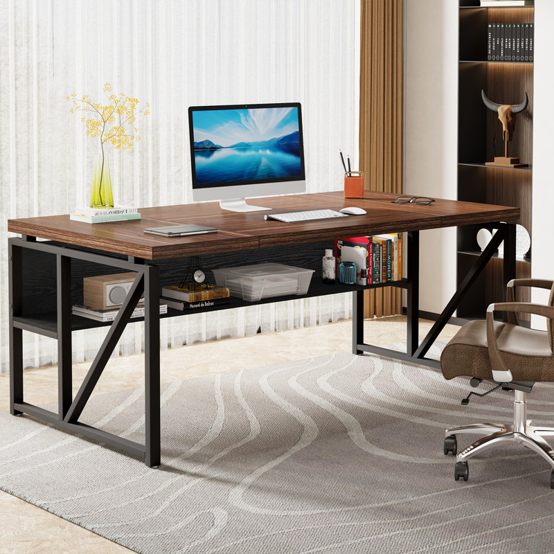 Bureau 63 pouces Moden Compute avec tablette de rangement, bureau d'écriture pour poste de travail, Noir, Marron foncé