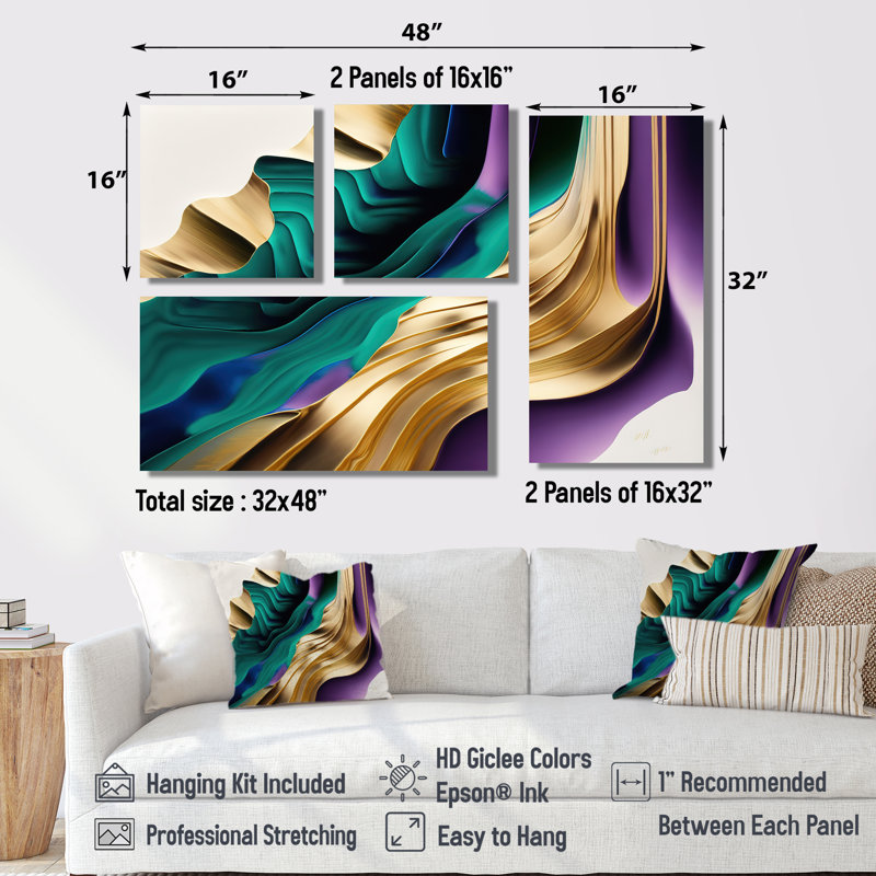 Mauve, vert et or audacieux III - grande décoration murale abstraite 4 pièces, Toile tendue, Ne s’applique pas