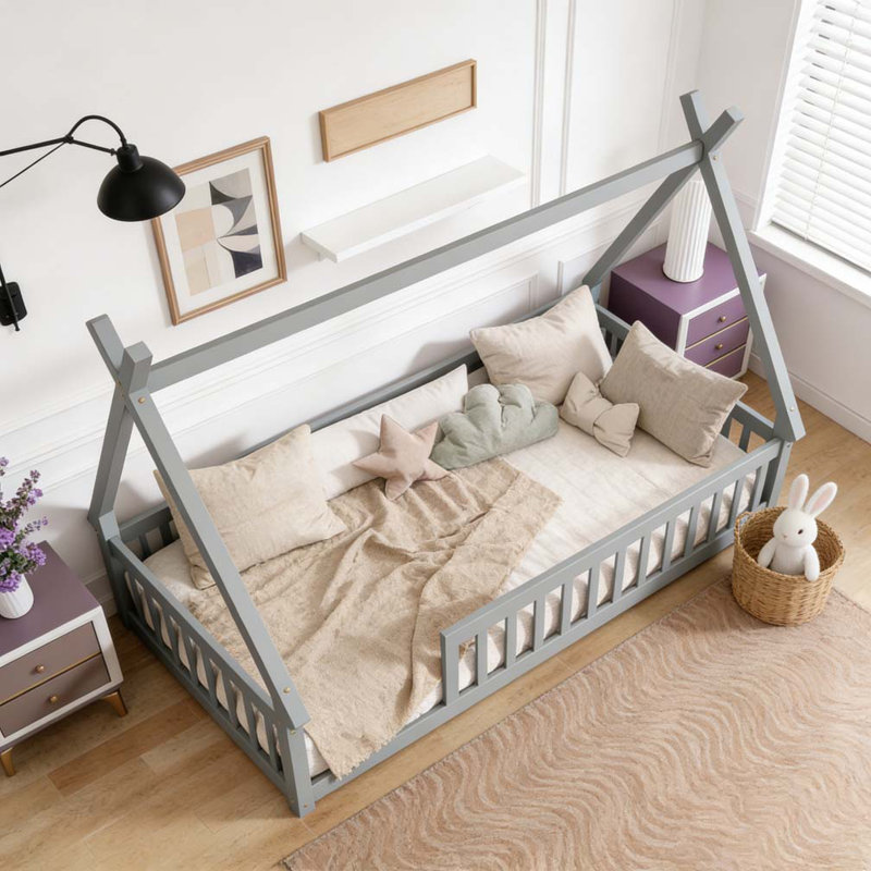 Lit simple en forme de tente, lit tipi avec garde-corps, lattes et porte, Gris