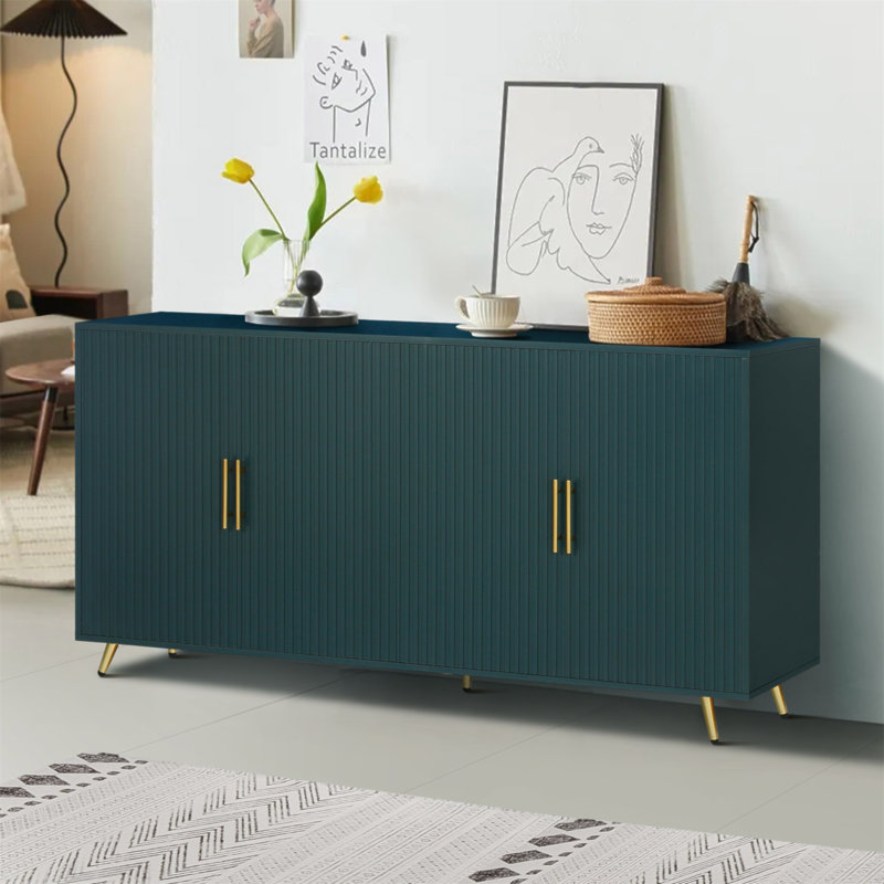 Meuble télé en bois rétro avec armoire de rangement, tablettes réglables et pieds élégants plaqués or pour les espaces de vie modernes
