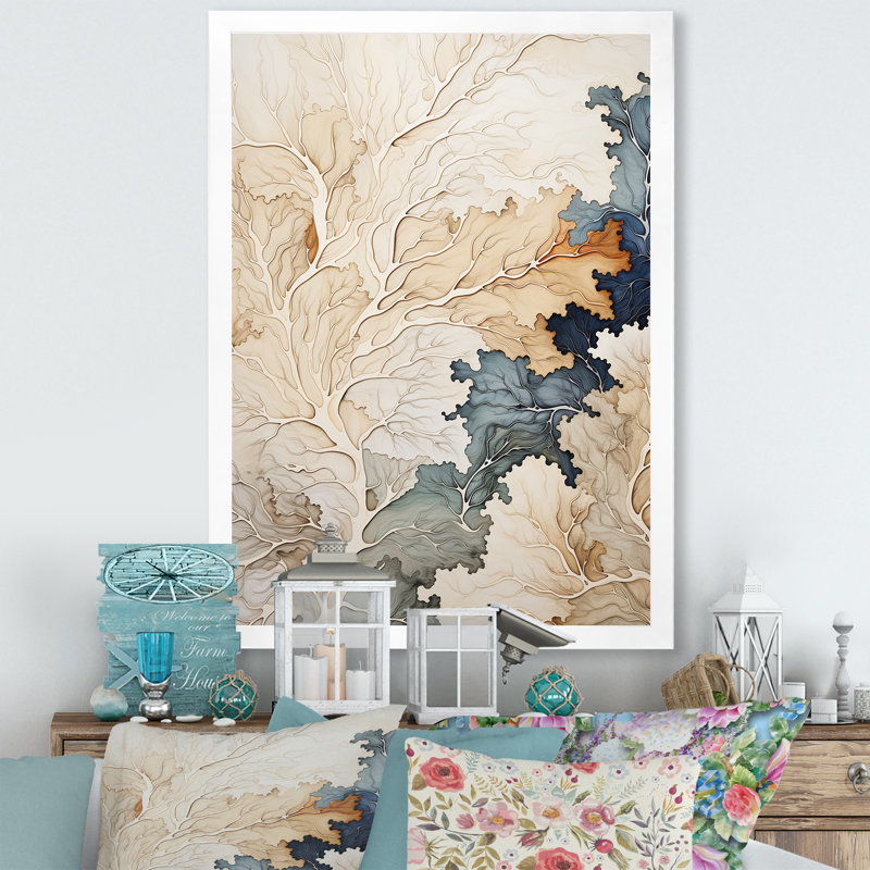 Arbre bleu et beige, tilleul américain - impressions d'art mural, Cadre naturel flottant, H 40 po x l 30 po