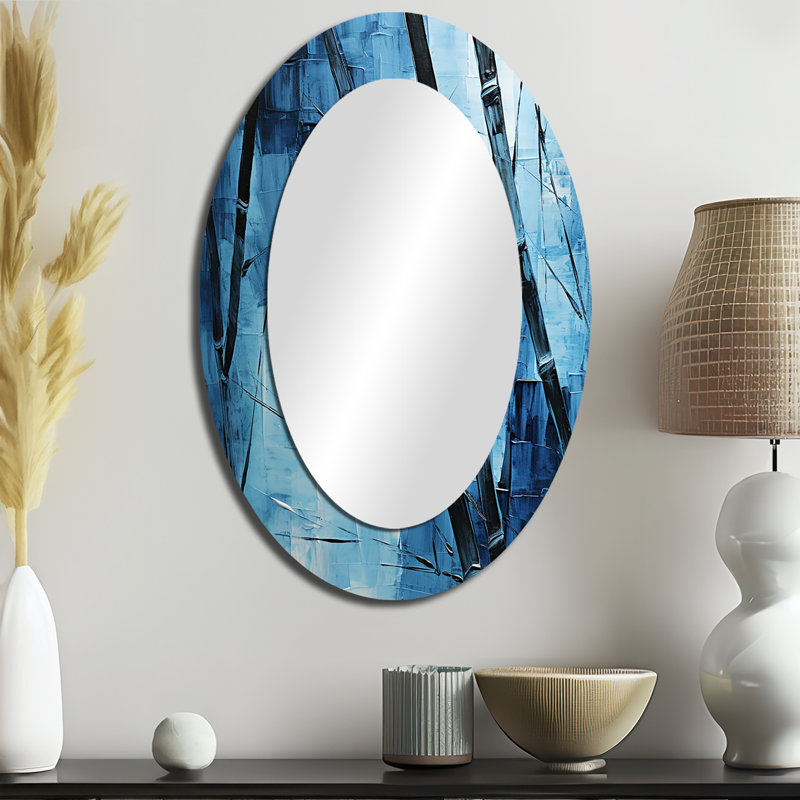 Serenity In Wild Blue Bamboo III - Large Oval Wall Mirror On Metal, 36" x 24"