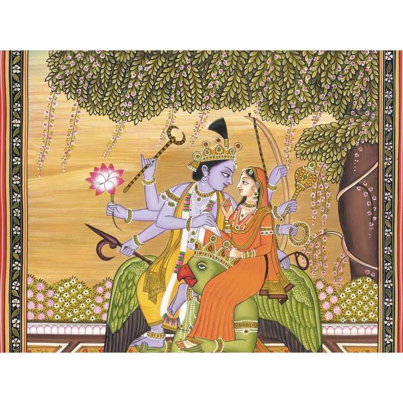 Aquarelle de Vishnu Lakshmi sur Garuda, fabriqué à la main, peinture à l'aquarelle - art divin traditionnel par des divinités indiennes sur papier fait à la main H 16 po x l 12 po