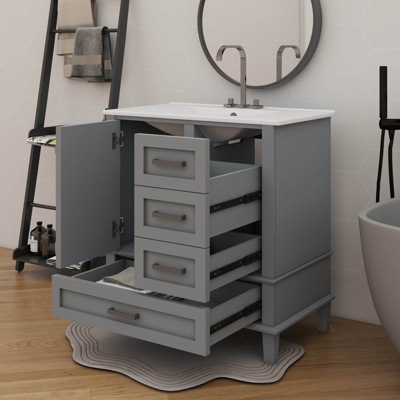 Ensemble de meuble-lavabo moderne 30 po avec 3 tiroirs à fermeture silencieuse et plateau amovible, Gris, Nickel brossé