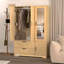 Armoire 4 portes avec miroir, armoire à DEL avec portes et 2 tiroirs, armoire de rangement en bois avec tringle, tablettes réglables, naturel