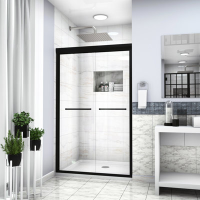 Cabine de douche double coulissante noire matte, 48 po x 76 po, porte haute avec verre trempé et garniture de finition moderne