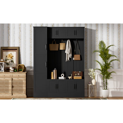 Arbre d'entrée de 79 po de hauteur avec rangement pour chaussures, banc d'entrée 4 en 1 avec 6 armoires, 4 crochets à manteau et tablette réglable pour le couloir, le salon, noir