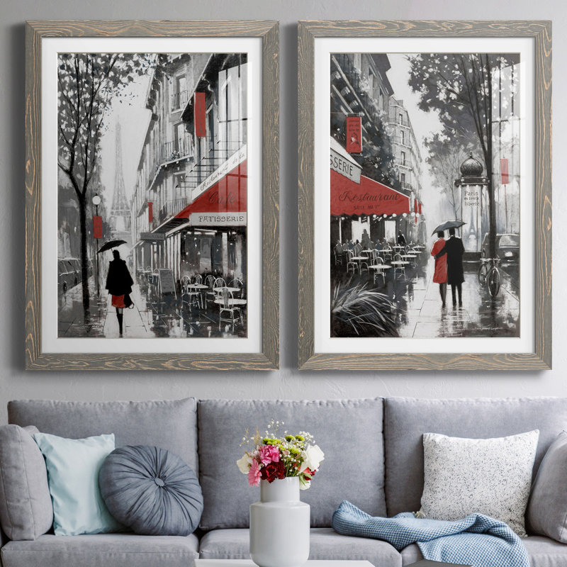 «Rainy Paris I», ensemble de 2 reproductions d'art, H 37,5 po x l 55 po x P 1,5 po, Cadre en papier gris, Blanc