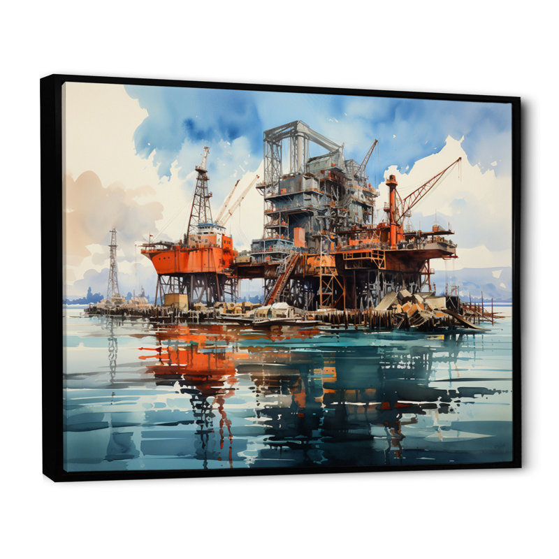«Teal Oil Rigs Fields Offshore II», reproduction sur toile, Cadre flottant noir, H 24 po x l 32 po x P 1 po