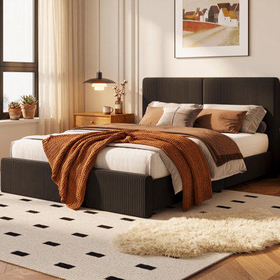 Modern Upholstered Platform Bed Frame w/Headboard and Wooden Slats