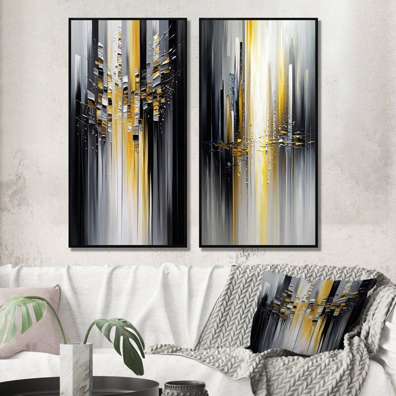 "Abstrait géométrique noir et jaune I", 2 pièces sur toile, Cadre noir, H 40 po x l 40 po