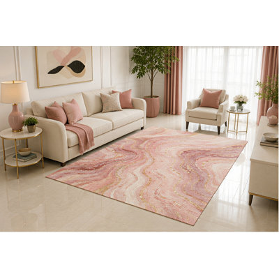"Ultra Lightweight" 5'x7' Pink Marble Area Rug, Blush Abstract Gold Vein Stone Design for Living Room Bedroom Office, Non-Slip Silicone Backing, Low Pile Carpet