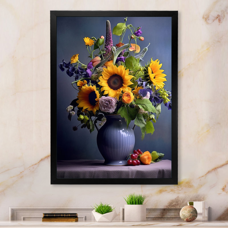 Nature morte avec des tournesols dans un vase I - impression, H 20 po x l 12 po x P 1 po, Cadre simple noir