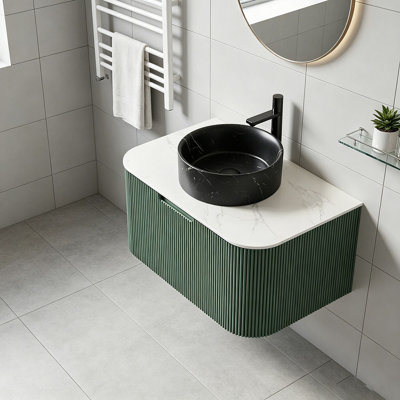 Meuble-lavabo 30 po, armoire de salle de bain en contreplaqué rayé à bords arrondis avec tiroir, lavabo rond en céramique noir mat et plateau en pierre frittée, pré-assemblé