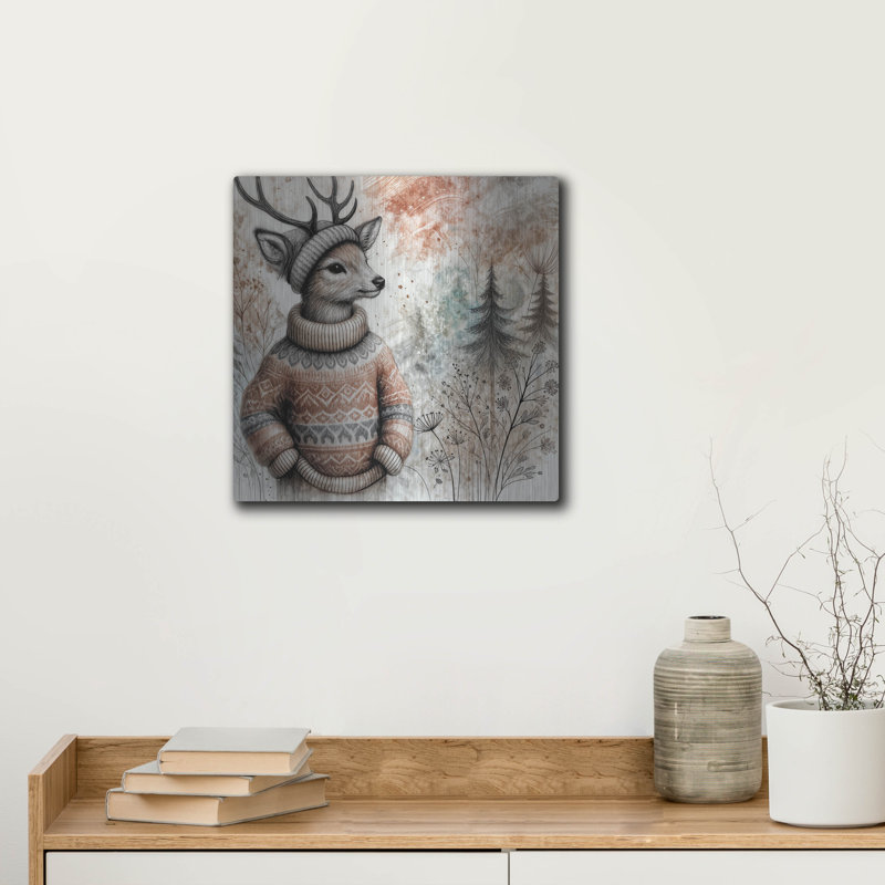 «Deer In Cozy Sweater» par Rey Klimt, art mural en métal, H 12 po x l 12 po