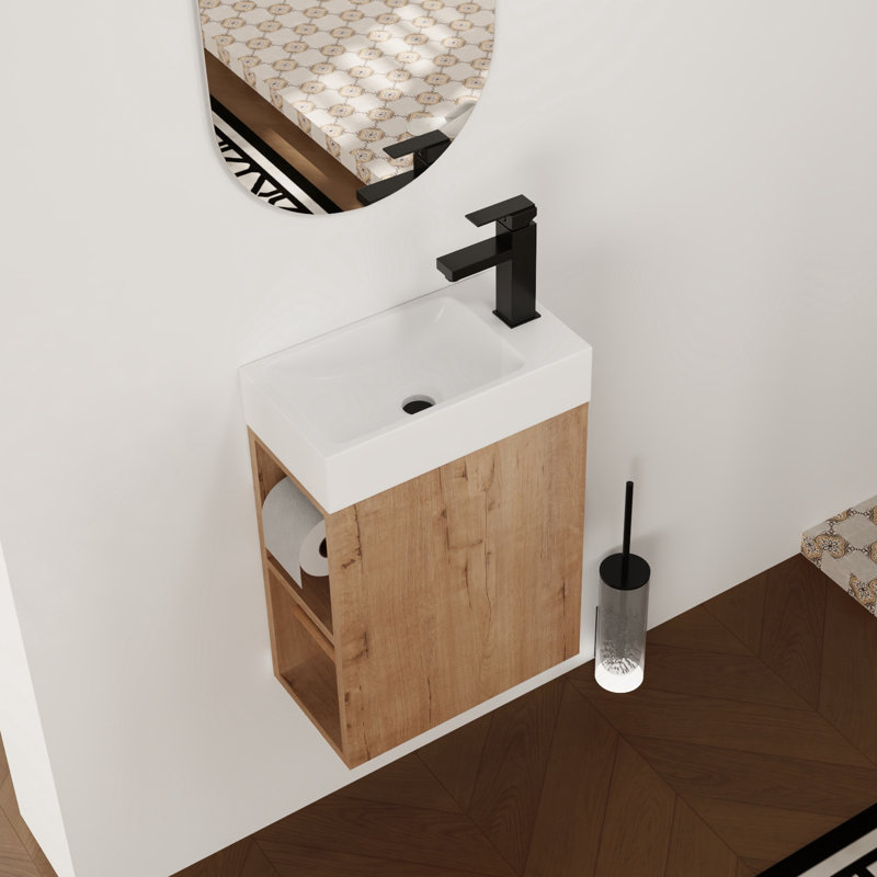 Ensemble de meuble-lavabo mural simple 16 po avec 1 porte et plateau en résine blanche Caide (assemblé)