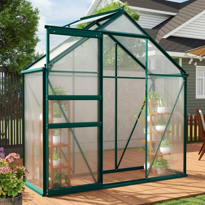 6x3 FT Outdoor Polycarbonate Greenhouse with Adjustable Roof Vent, Sliding Door, and Rain Gutter - Heavy Duty Aluminum Walk-in Greenhouse for Patio, Backyard, and Garden