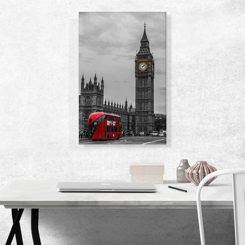 Doubleecker Red Bus in London England Big Ben - reproduction de photo sur toile tendue, H 26 po x l 18 po x 1,5 po