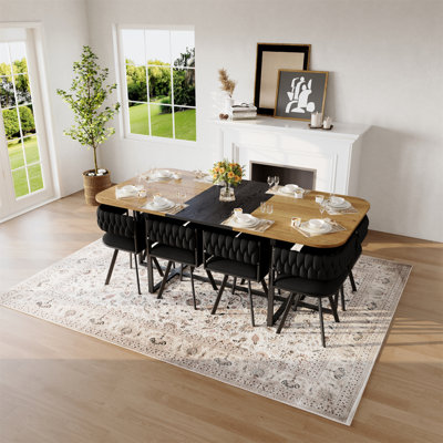 Ensemble de table de salle à manger 9 pièces 9 pièces, plateau de table fixe en grain de bois bicolore et triamine de grain de bois noir avec 8 chaises en velours noir, ensemble de table de cuisine moderne pour 8 personnes, idéal pour les réunions de famille