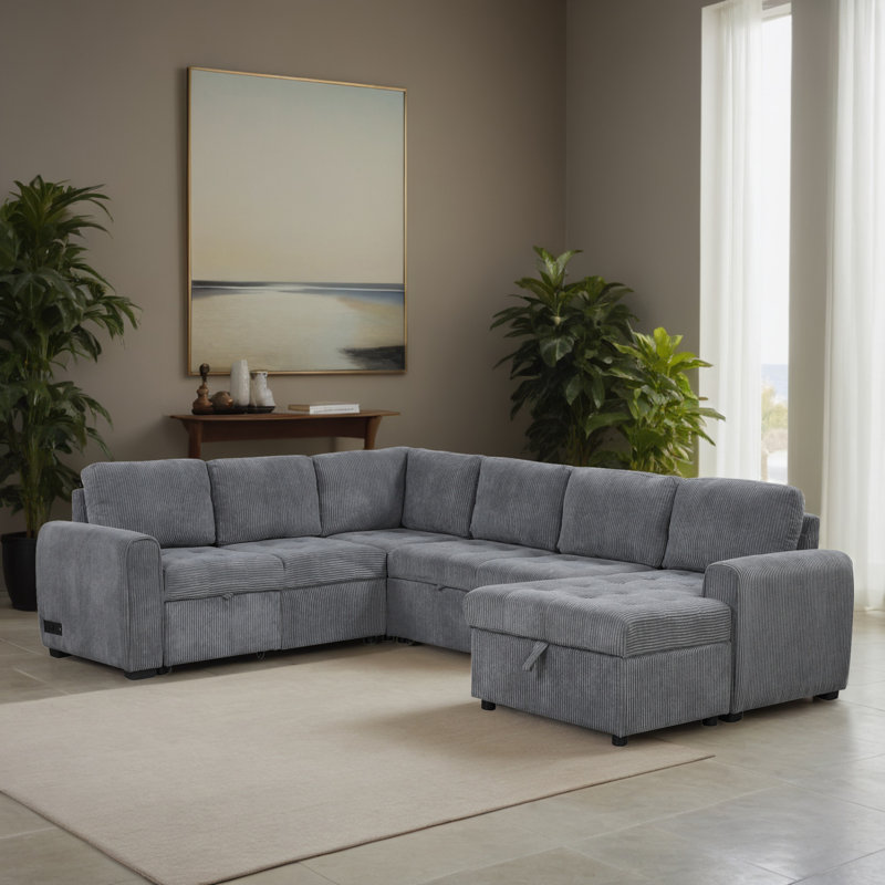 108" Convertible U-shaped Pull-Out Sleeper Corner Sectional Sofa Bed with Storage Chaise, Gray