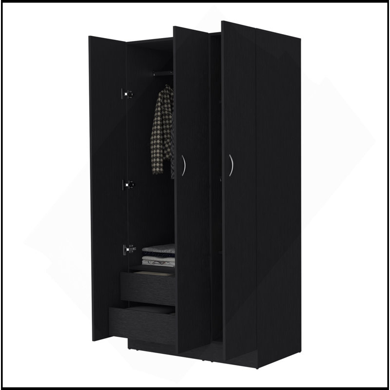 Armoire Casper avec 2 tiroirs, tringle suspendue et 3 portes, Noir