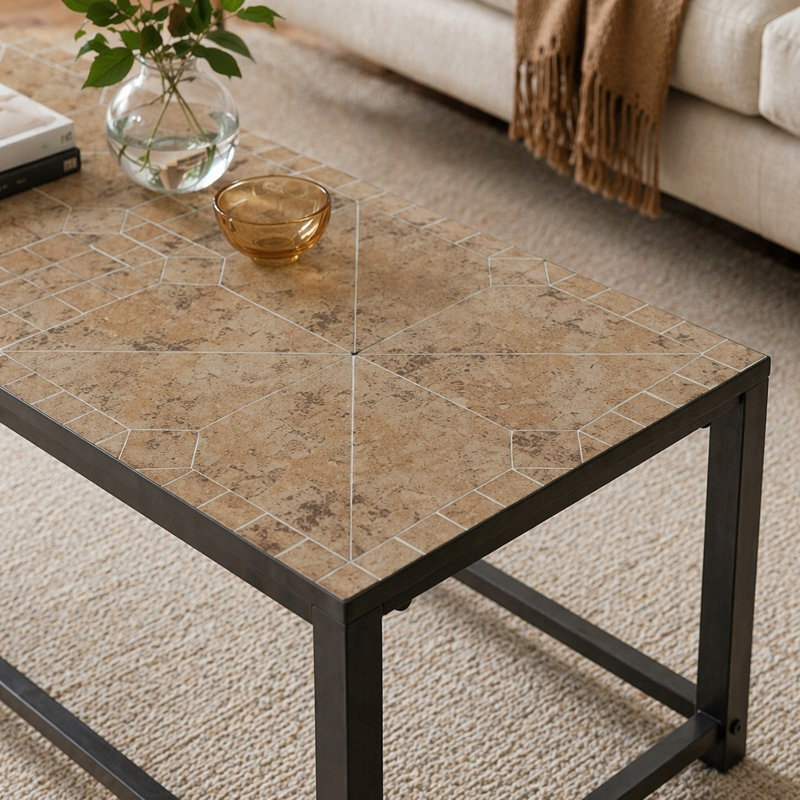 Table basse, accent, cocktail, rectangulaire, salon, L 42 po, carrelage brun, métal brun, transitionnel, Brown