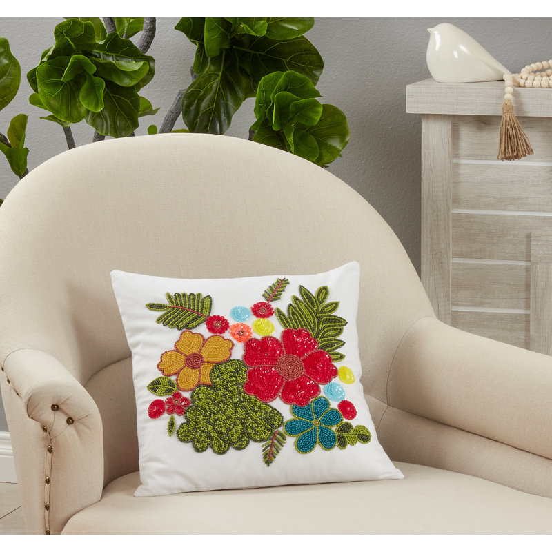Multicolor Beaded Embroidered Floral Square Cotton Pillow, 16"