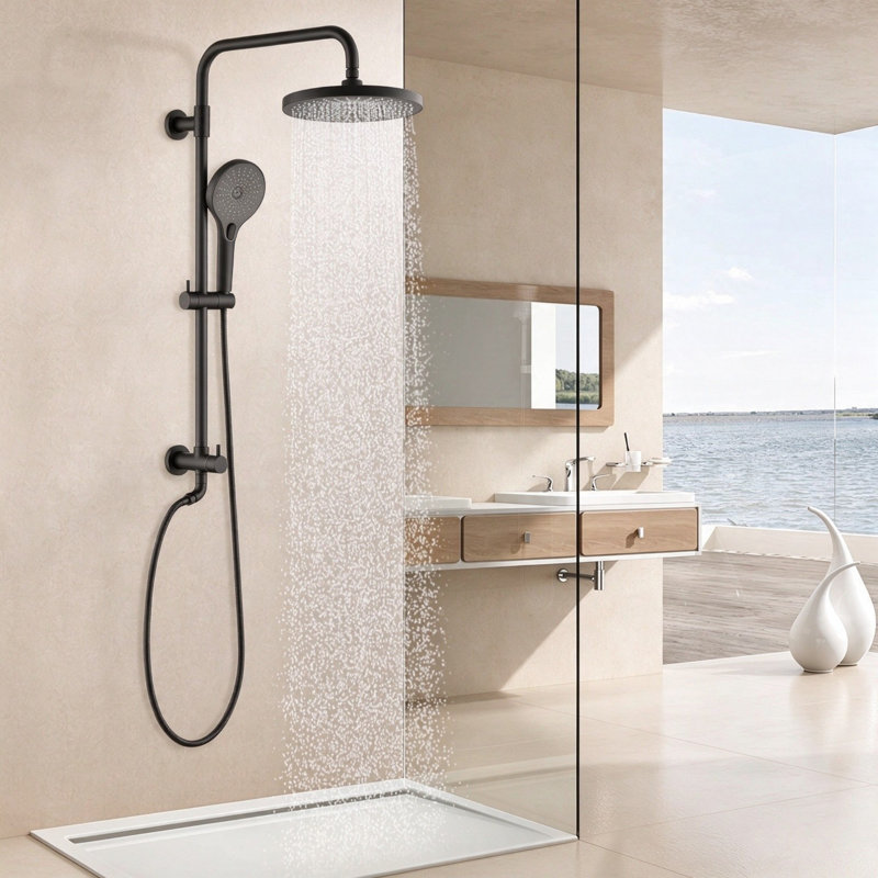 Barre de douche murale ronde à 1 jet avec douchette à main, débit de 1,8 GPM, noir mat