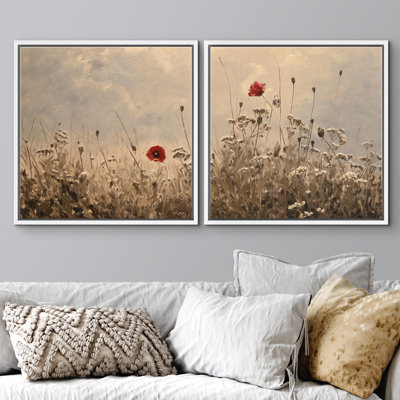 Golden Field Wildflowers with Red Poppy Accent Framed Master Bedroom Wall Art Work 2 Pieces Print