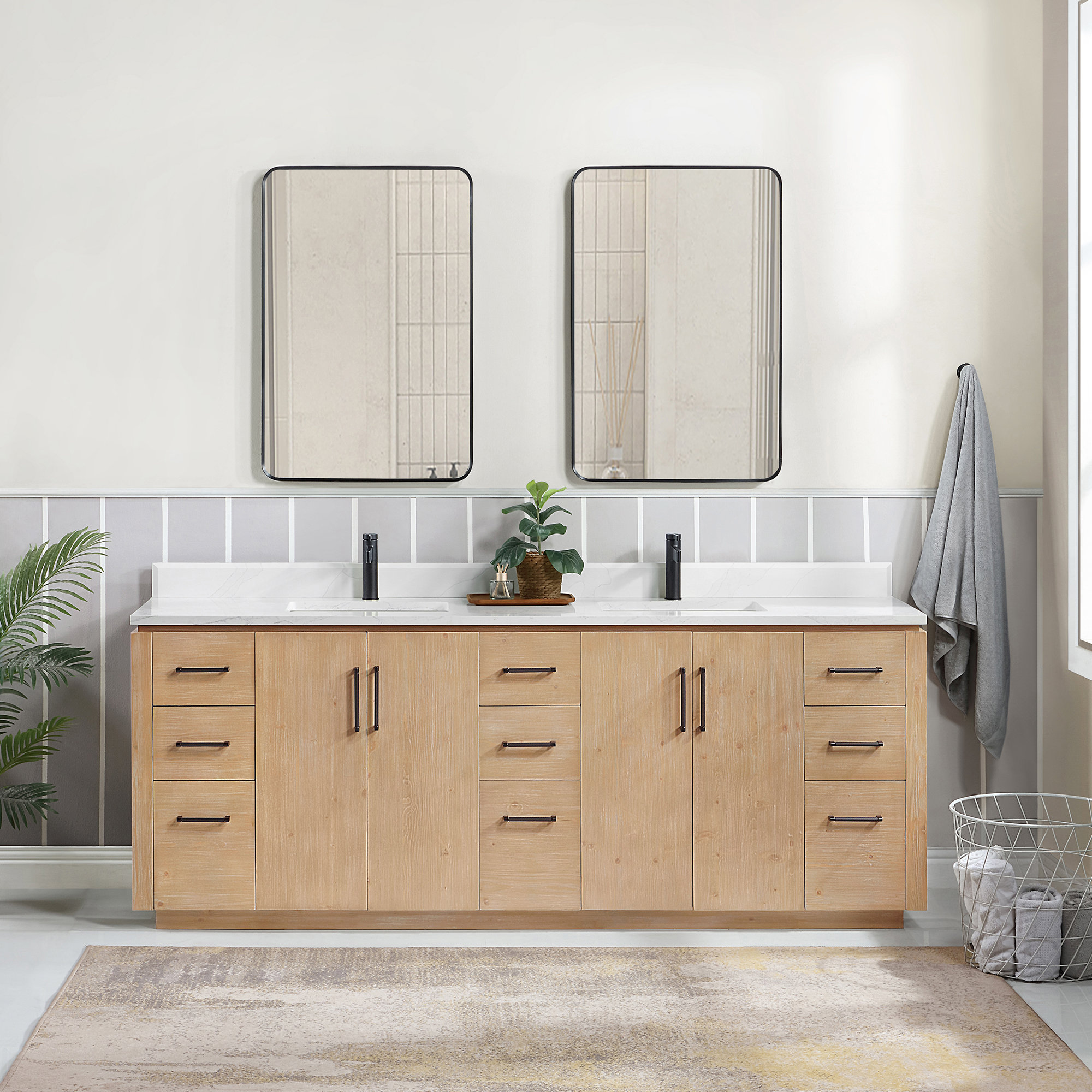Cloverfield 84'' Double Bathroom Vanity, Matte Black, Fir Wood Brown