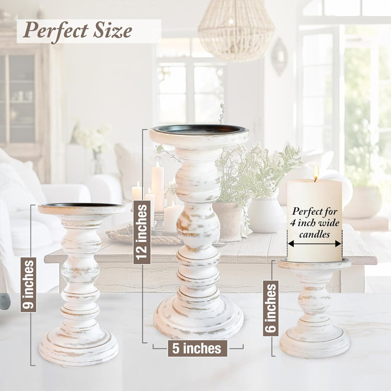 3 Pack Hand Carved Mango Wood Pillar Candle Holders Rustic Farmhouse Table Mantel Home Decor