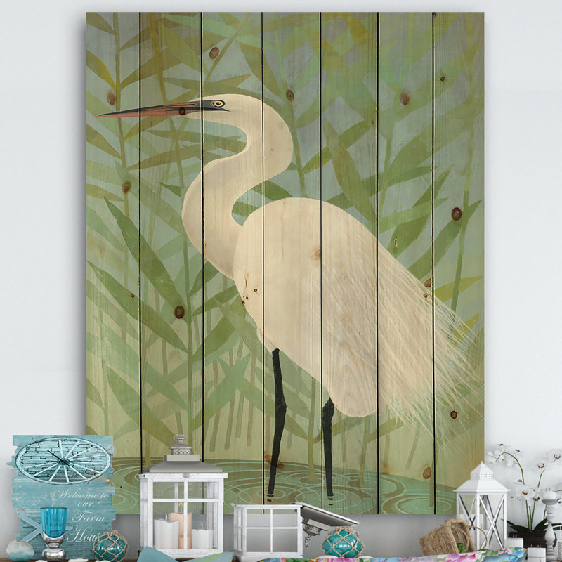 Héron par le rivage II - reproduction de campagne moderne sur bois de pin naturel, H 20 po x l 12 po x P 1po