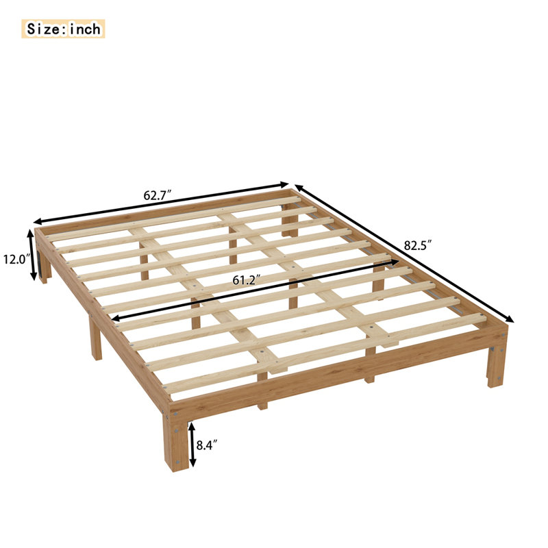 Cadre de lit plateforme grand en bois - Cadre de lit grand en bois massif de 12 pouces avec support de lattes, aucun sommier requis, assemblage facile - pin rustique