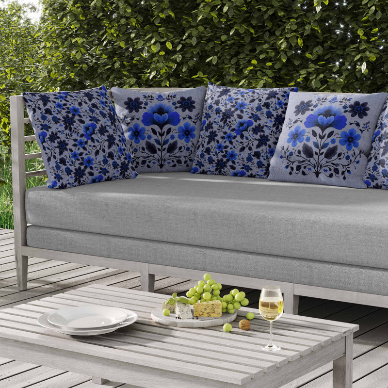 Oreiller intérieur / extérieur Rajasthan Bloom, Bleu, Carré 18 po