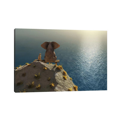 Elephant And Dog Rest On A Crag Near The Sea by Mike Kiev - Wrapped Canvas Print